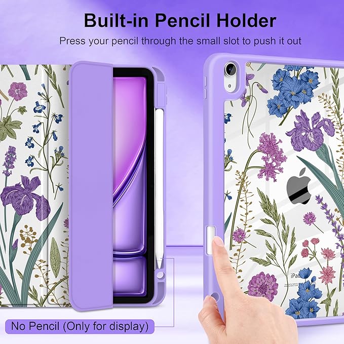 DONGKE Case for iPad Air 11-inch M4 2026 &amp M3 2025 &amp M2 2024 iPad Air 5th/4th Gen 10.9 2022/2020 [Built-in Pencil Holder] Clear Acrylic Back Trifold Stand Smart Cover Purple Botanical Wild
