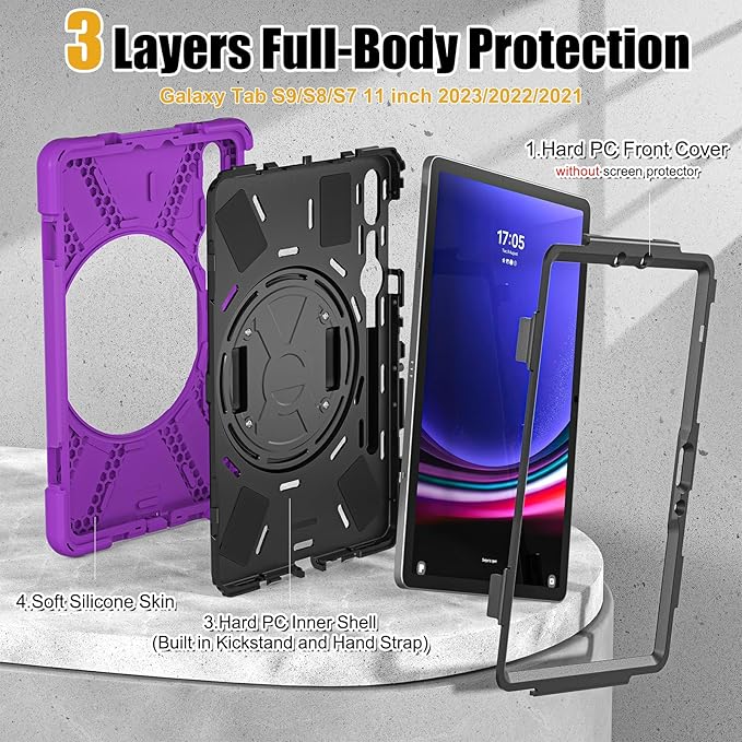 BRAECNstock for Samsung Galaxy Tab S10 Lite/ S10 FE/ S9 FE/ S9/ S8/ S7 5G Case 10.9/11 Shockproof Protective Kids Case with Pencil Holder Rotating Hand Strap &amp Stand Shoulder Strap Purple
