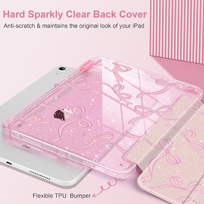 TWOLSKOO Sparkly Case for iPad Pro 11 inch (M5 2025 / M4 2024) Glitter Hard Acrylic Back with Pencil Holder Slim Trifold Stand Folio Cover Auto Sleep/Wake Pink Bows