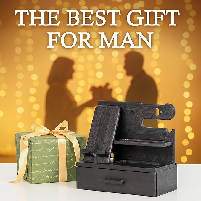 TESLYAR Wood Phone Docking Station with Drawer - Nightstand Organizer - Desk Organizer for Husband - Birthday Gifts for Men Dad Anniversary Idea Key Holder Stand Watch &amp Accessories (Granite Bl
