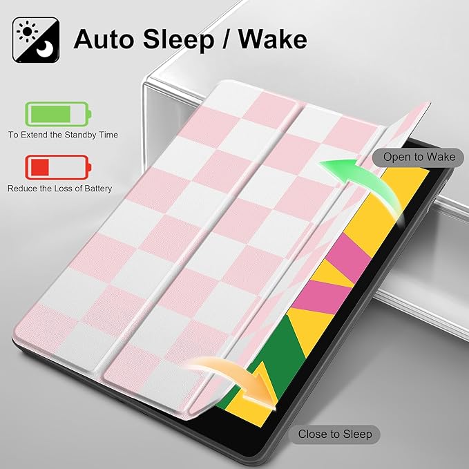 Tuiklol Case for iPad 10.2 Inch 2021 2020 2018 Release 9th / 8th / 7th Generation Built-in Pencil Holder TPU Protective Stand Back Cover Trifold Stand-Auto Wake/Sleep Lattice Pink