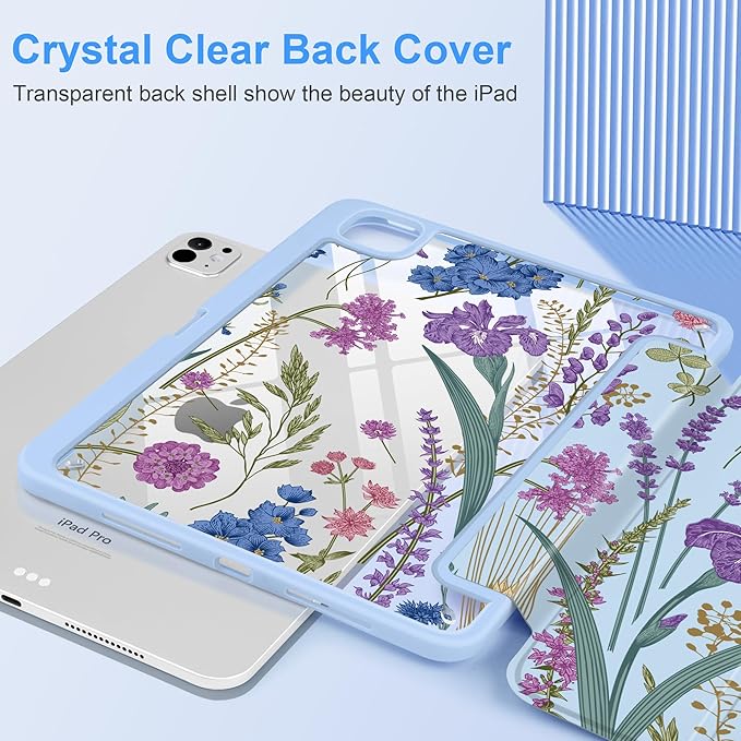 DONGKE for iPad Pro 11-Inch Case (M5 2025 / M4 2024) 6th/5th Generation [Auto Sleep/Wake &amp Pencil Pro Holder] Clear Acrylic Back Smart Trifold Stand Cover Blue Botanical Wildflower
