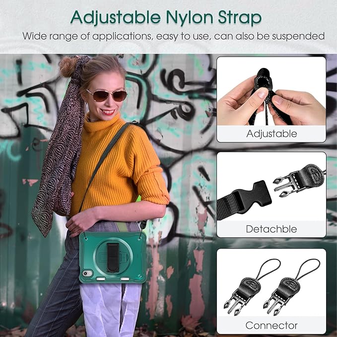 BRAECNstock Case for iPad mini 7 (A17 pro) 2024 &amp Mini 6 2021 8.3-inchShockproof Protective Cover with Pencil HolderScreen Protector360° Rotating Hand Strap/Stand-Midnight Green