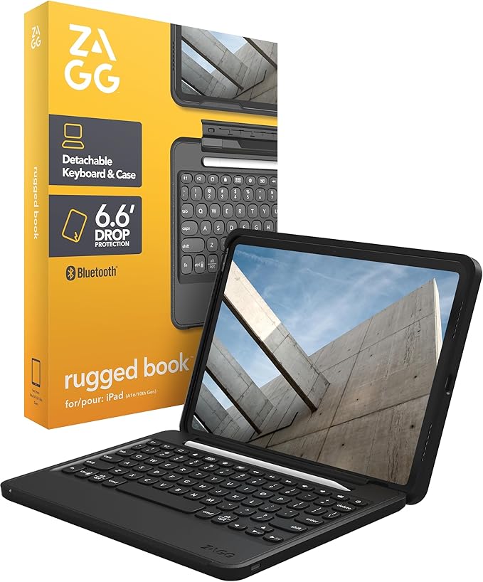 ZAGG Rugged Book iPad 11 (A16)/ 10.9 (Gen 10) Case - Durable Wireless Keyboard Case Military-Grade Drop Protection Multi-Device Pairing Detachable Backlit Keyboard Black