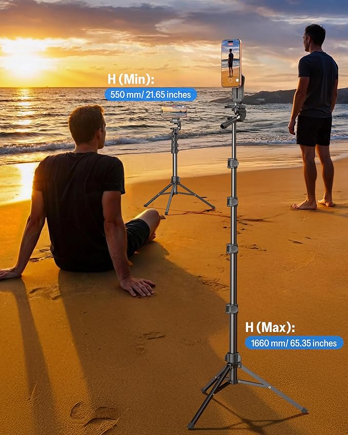 OMOTON TS01 65 Magnetic Phone Tripod for iPhone &amp Camera Cell Phone Stand with Remote Stable Height Adjustable Multi-Angle Shot Selfie Stick Tripod for Video Recording Live Streaming Black Se