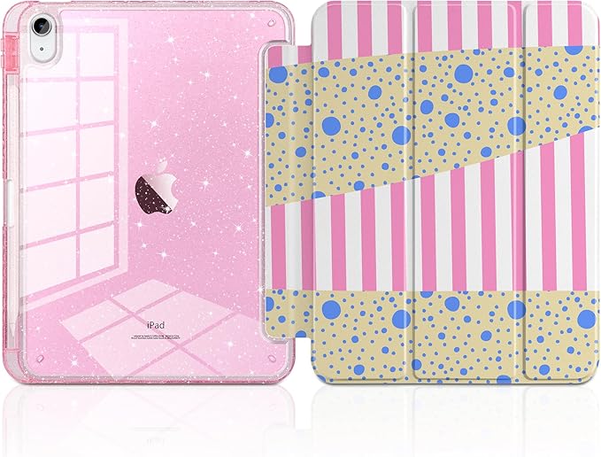 MEEgoodo Case for iPad A16 11th Generation 2025/10th Generation 2022 Glitter Tablet Cases with Transparent Acrylic Back+Trifold Stand +Pencil Holder+Auto Wake/SleepPink Stripes &amp Blue Dots
