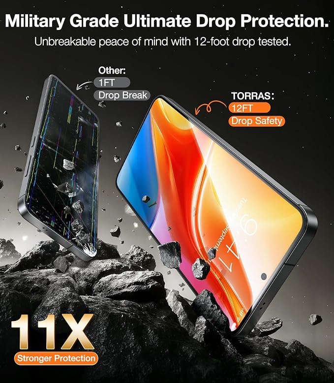 TORRAS 12FT Military-Grade Shatterproof for Samsung Galaxy S25 Screen Protector [9H+ Aerospace Tempered Glass＆ One-Pull Installation] Full Coverage Fit Bubble Free 6.2″ GlassGo X