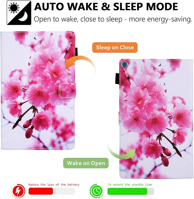 Folio Case for Amazon Fire HD 10 Tablet (5th/7th/9th Generation) Slim Fit Stand Magnetic Soft TPU Back Smart Cover for All-New Fire HD 10 2015/2017/2019 Sleep Mode Cherry Blossom