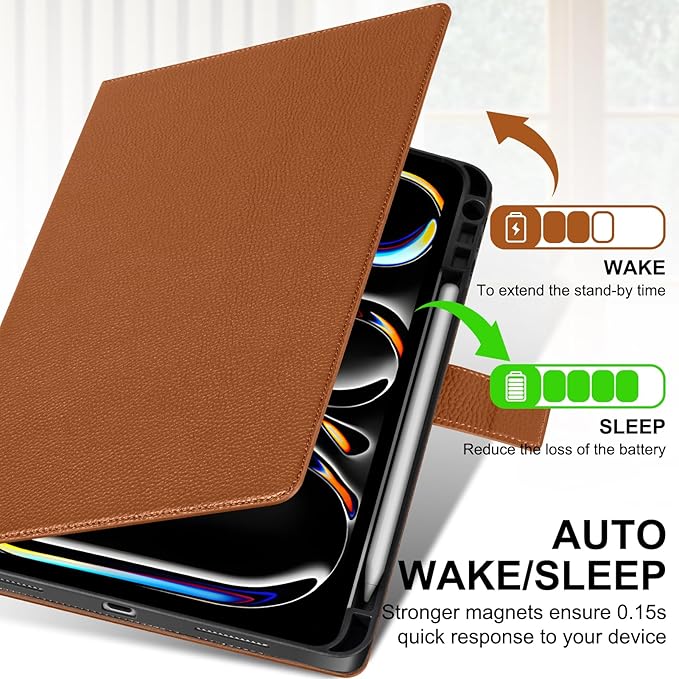 Genuine Leather Case for iPad Pro 11 inch Case (M5) 2025 / (M4) 2024 | with Pencil Holder and Adjustable Stand Magnetic Closure Auto Wake/Sleep Cover | Brown