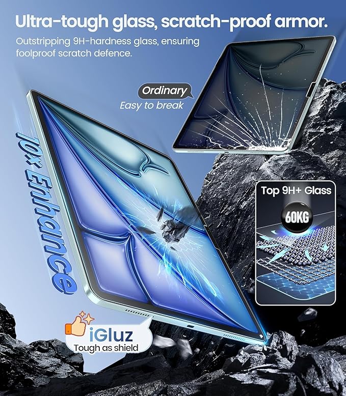 iGluz 2 Pack Screen Protector for iPad Air 13(7th/6th Gen.) M3/M2 2025/2024 9H+ Tempered Glass Screen Protector with Easy-Install Box[12FT Military Grade Shatterproof] HD ClarityScratch Resistant