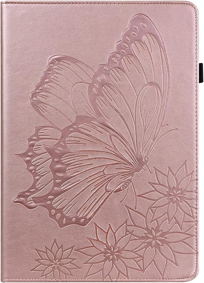 for Amazon Kindle Fire HD 10 &amp HD 10 Plus Case 13th/11th Generation 10.1 inch 2023/2021 Folio Stand Embossed PU Leather Wallet Cover with Pencil Holder/Card Pockes Rosegold Flower Butterfly