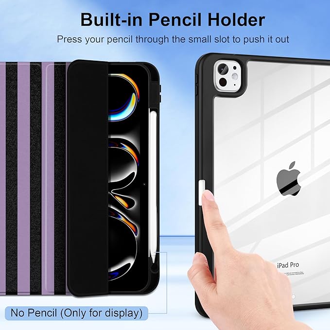 DONGKE for iPad Pro 11-Inch Case (M5 2025 / M4 2024) 6th/5th Generation [Auto Sleep/Wake &amp Pencil Pro Holder] Clear Acrylic Back Smart Trifold Stand Cover Purple Stripes