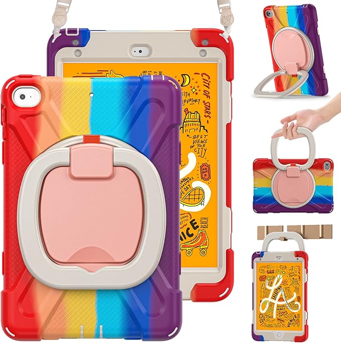 BRAECN for iPad Mini 5 Case iPad Mini 4 Case Rugged Silicone Cover with Shoulder Strap Pencil Holder Swivel Hand Grip Kickstand for Kids iPad Mini 5th/4th Generation 7.9’’ 2019/2015 Colorful Red