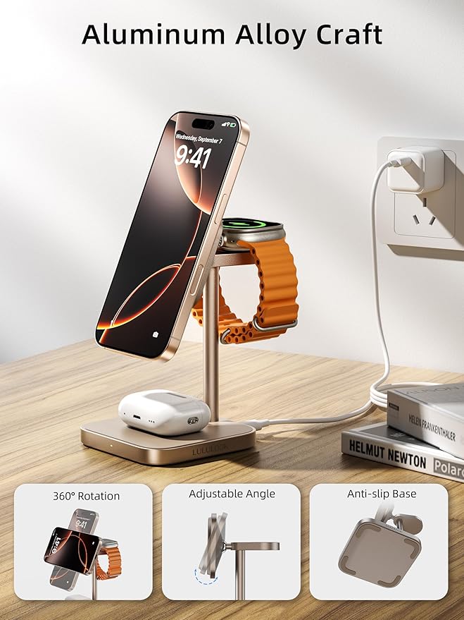 [Qi2 Certified ] LULULOOK 3 in 1 Charging Station with MagSafe 15W QI2 Wireless Charger Stand Magnetic Charger for iPhone 17/16/15/14/13/12 Series AirPods Pro/3/4 Apple Watch with 30W PD Adapter