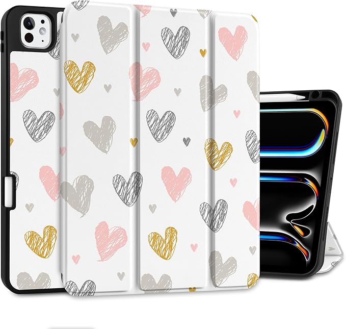 DONGKE Case for iPad Pro 13 inch (M5 2025 / M4 2024) – [Built-in Pencil Holder] Ultra Slim PU Leather Trifold Stand Cover with Soft TPU Back Auto Wake/Sleep - Cute Hearts