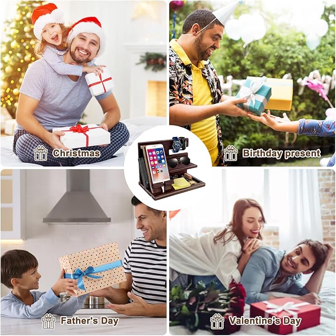 Gifts for Men Christmas Wood Phone Docking Station Mens Gifts for Birthday or Gifts for Dad Fathers Day Desk Workspace Organizer Nightstand Organizer Key for Wallet &amp Watch Holder Husband Chris