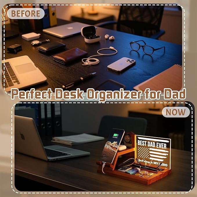 Attivolife Gifts for Dad Men Husband LED Phone Docking Station Desk Organizer Cell Phone Stand with Night Light Best Dad Ever Gift for Father's Day Key Holder Stand for Wallet Watch Essentials