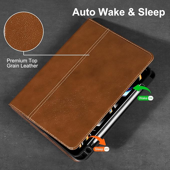 Gexmil Genuine Leather Case for iPad Pro 11 Inch (M5/M4) 2025/2024 with Pencil HolderProtective Shockproof Leather Smart Folio Cover Adjustable Stand Auto Sleep/Wake Anti-SlipYellow Brown