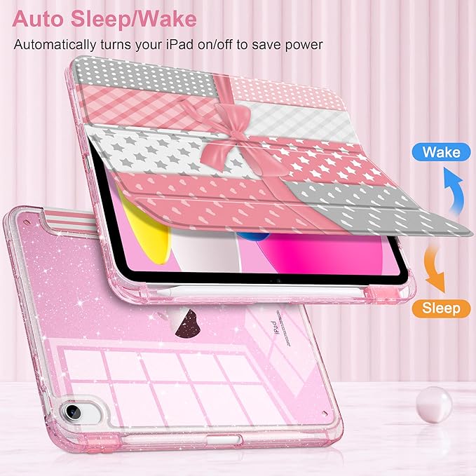 MEEgoodo Case for iPad A16 11th Generation 2025/10th Generation 2022 Glitter Tablet Cases with Transparent Acrylic Back+Trifold Stand +Pencil Holder+Auto Wake/SleepMixed-Style Pink Bow