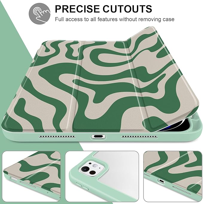 TWOLSKOO Case for iPad Pro 11-inch (M5 2025 / M4 2024) Clear Acrylic Back with TPU Bumper Pencil Holder Trifold Stand Auto Sleep/Wake Green Waves