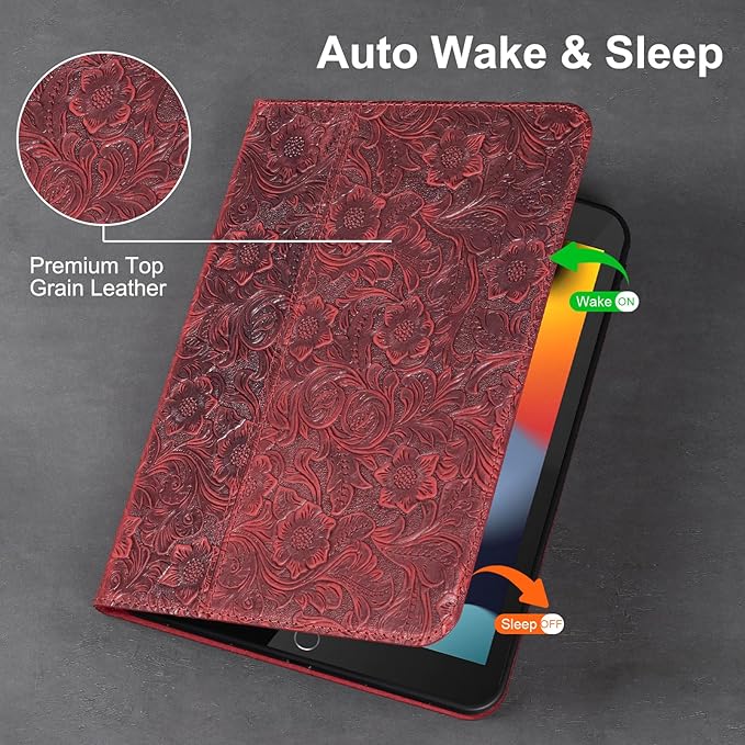 Gexmil Leather Case for iPad 10.2 Inch 9th/8th/7th Gen 2021/2020/2019Premium Cowhide Folio Cover with Auto Wake/SleepAdjustable Stand Anti FingerprintFloral Red