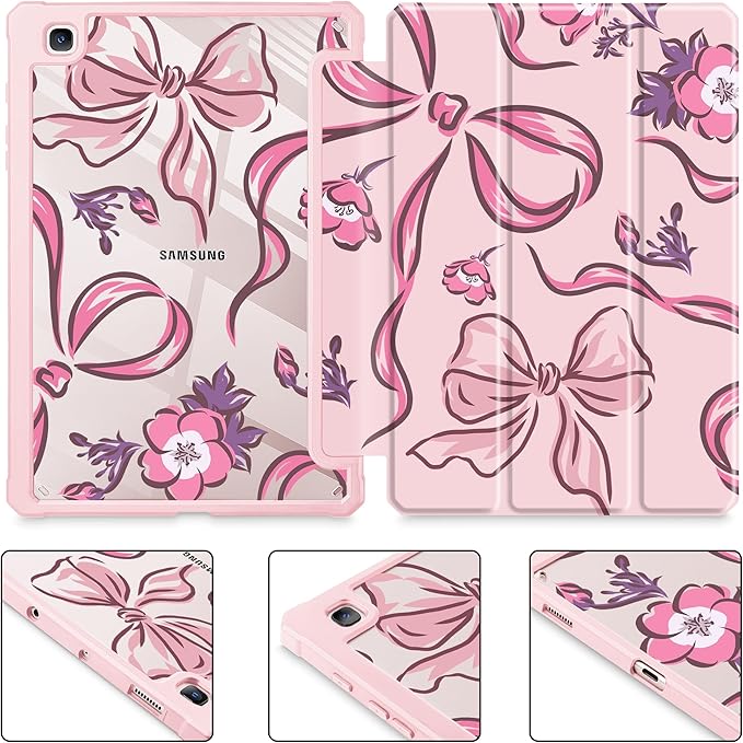 Mektron Case for Samsung Galaxy Tab S6 Lite 10.4 Inch 2024/2022/2020 with S Pen Holder Multi-Angle Viewing with Shockproof Cover Clear Shell + Trifold Stand + Auto Wake/Sleep Flowers-Bows-Pink