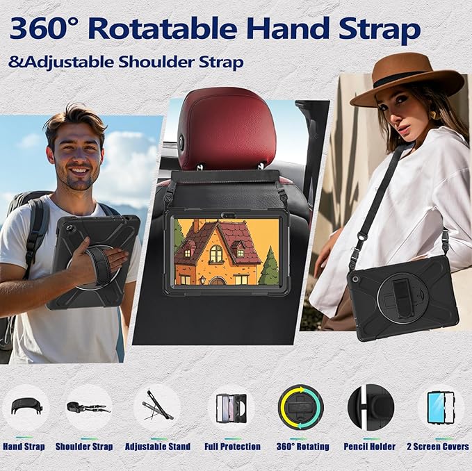Weuiean Case for 10/10 Plus 13th Generation 10.1 2023 Military-Grade Heavy-Duty Shockproof Cover with 360° Rotating Stand Built-in Pencil Holder &amp Adjustable Hand/Shoulder Strap - Black