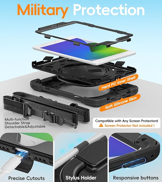 BATYUE for iPad mini 5/4 7.9 Inch Case (2019/2015) Military-Grade Heavy Duty Case with 360° Kickstand Detachable Shoulder Strap &amp Pencil Holder for Office School &amp Travel - Black