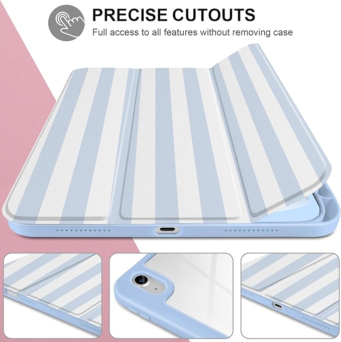 Case for iPad (A16) 11th Generation 11 inch 2025 /iPad 10th Gen 10.9 2022- Aesthetic Blue White Striped Trifold Cover Protection with Clear Back Shell Magnetic Wake Sleep Stripe Blue