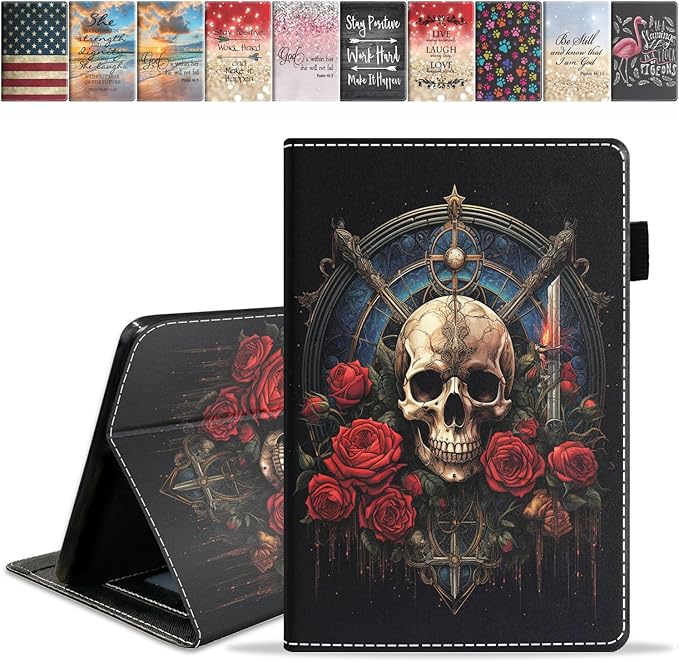 Case for Amazon Kindle Fire 7 Tablet (7 9th/7th Generation 2019/2017 Release) Slim PU Leather Cover with Card Slot &amp Auto Wake/Sleep Skull Roses