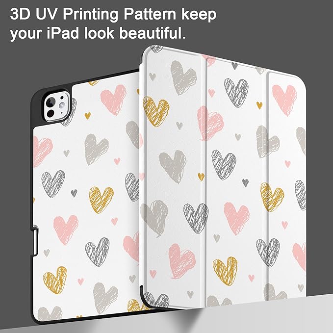 DONGKE Case for iPad Pro 13 inch (M5 2025 / M4 2024) – [Built-in Pencil Holder] Ultra Slim PU Leather Trifold Stand Cover with Soft TPU Back Auto Wake/Sleep - Cute Hearts