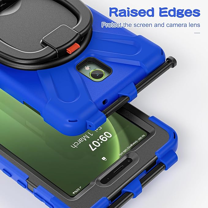 Rugged Case for Samsung Galaxy Tab Active5 5G (SM-X306B/X300) w/ 360° Rotating Hanging Ring Handle Grip Kickstand Heavy Duty Shock-Proof Armor Cover w/Shoulder Strap Stylus Holder (Blue)