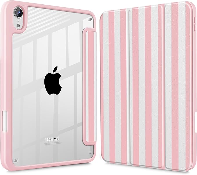 May Chen Slim Case for iPad mini 7 (A17 Pro 7th Generation) 2024 / iPad mini 6 (6th Gen) 8.3 Inch [Built-in Pencil Holder] Shockproof Cover Clear Clear Back Shell Auto Wake/Sleep Pink Stripes