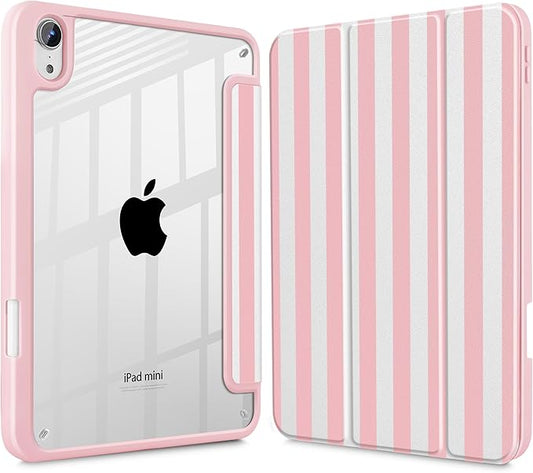 May Chen Slim Case for iPad mini 7 (A17 Pro 7th Generation) 2024 / iPad mini 6 (6th Gen) 8.3 Inch [Built-in Pencil Holder] Shockproof Cover Clear Clear Back Shell Auto Wake/Sleep Pink Stripes