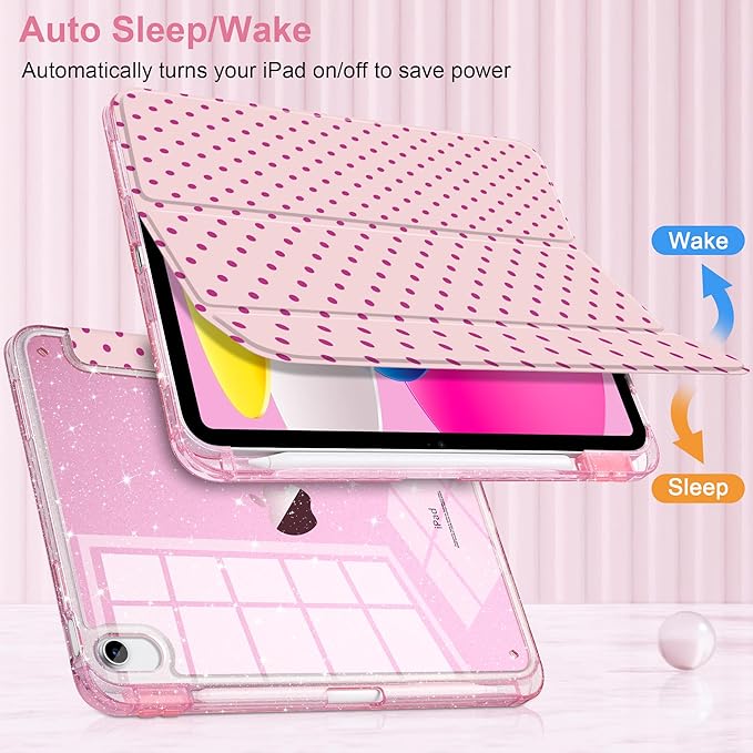 DONGKE for iPad Pro 11 inch Case – Fits M5 2025 / M4 2024 Shockproof Sparkling Glitter Acrylic Back Pencil Holder Trifold Stand Auto Sleep/Wake &amp Touch ID Support - Pink Polka Dot