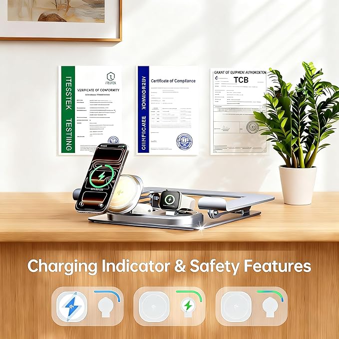 Adjustable Laptop Stand with Wireless Charger 3-in-1 Charging Station for Phone and Watch Ergonomic Aluminum Notebook Riser with LED Light 25W Qi2 Fast Charging (Silvery)