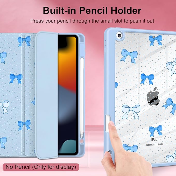 MEEgoodo Case for iPad 10.2 inchTablet Cases for iPad 9th Generation 2021/8th Gen 2020/7th Gen 2019 with Clear Acrylic Back Shell+Pencil Holder+Auto Wake/Sleep+Trifold Stand Blue Polka Dots &amp Bo