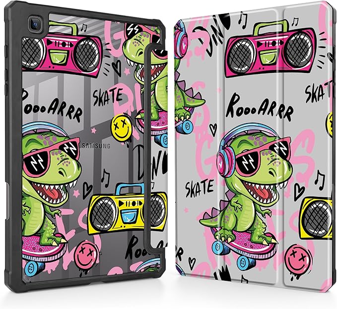 Mektron Case for Samsung Galaxy Tab S6 Lite 10.4 Inch 2024/2022/2020 with S Pen Holder Multi-Angle Viewing with Shockproof Cover Clear Shell + Trifold Stand + Auto Wake/Sleep Cool Dinosaur