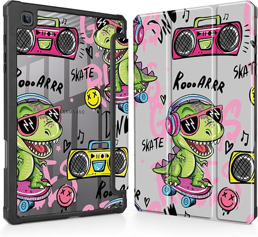 Mektron Case for Samsung Galaxy Tab S6 Lite 10.4 Inch 2024/2022/2020 with S Pen Holder Multi-Angle Viewing with Shockproof Cover Clear Shell + Trifold Stand + Auto Wake/Sleep Cool Dinosaur
