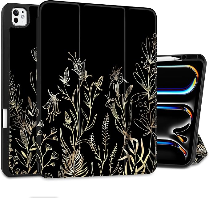 DONGKE Case for iPad Pro 13 inch (M5 2025 / M4 2024) – [Built-in Pencil Holder] Ultra Slim PU Leather Trifold Stand Cover with Soft TPU Back Auto Wake/Sleep - Floral Blooming