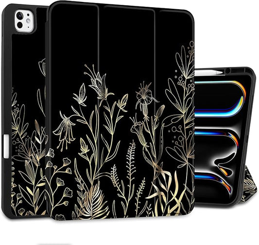 DONGKE Case for iPad Pro 13 inch (M5 2025 / M4 2024) – [Built-in Pencil Holder] Ultra Slim PU Leather Trifold Stand Cover with Soft TPU Back Auto Wake/Sleep - Floral Blooming