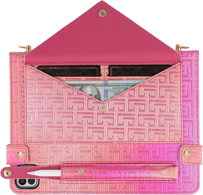 Shiny Case for iPad Pro 11 M5 M4 (2025/2024) Handbag Case Techcircle Iridescent PU Leather Folio Envelope Pocket Stand Cover with Hand Strap+Shoulder Strap+Pencil Holder+Card Slots Shiny Rose Pink