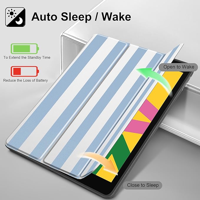 Tuiklol Case for iPad 10.2 Inch 2021 2020 2018 Release 9th / 8th / 7th Generation Built-in Pencil Holder TPU Protective Stand Back Cover Trifold Stand-Auto Wake/Sleep Striped Blue
