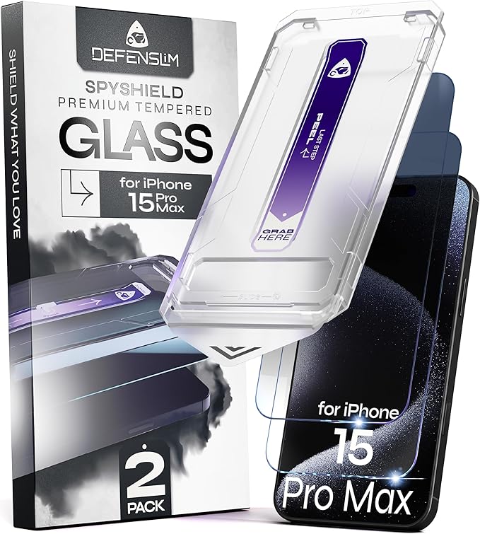 Defenslim for iPhone 15 Pro Max Privacy Screen Protector (2Pack) Easy Auto-Dust &amp Align Install Kit 6.7 Tempered Glass 9H Hardness Privacy Protection Case Friendly SpyShield