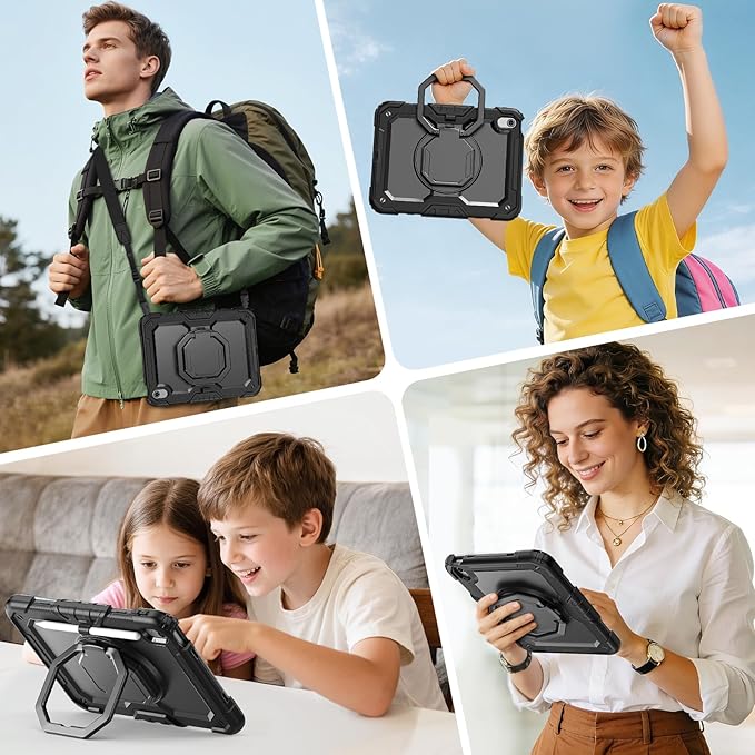 SEYMAC stock Shockproof Tablet Case for iPad (A16) 11th/10th Generation 11''/10.9'' Full-Body Drop Protection Case with Pencil Holder &amp [360 Ring Handle Stand] Screen Protector (Black)