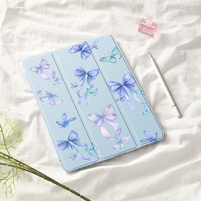 Idocolors Cute Butterfly Bow Pad Case for 10.9 Inch iPad Air 4 2020/iPad Air 5 2022 Clear TPU Smart Stand Back Cover with Pencil Holder Auto Wake/Sleep Foldable Shockproof Protective Case