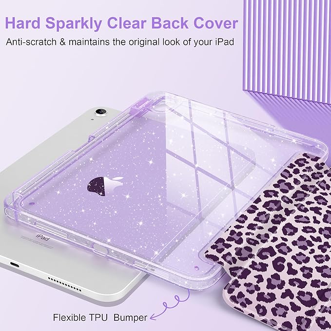 TWOLSKOO Sparkly Case for iPad Pro 11 inch (M5 2025 / M4 2024) Glitter Hard Acrylic Back with Pencil Holder Slim Trifold Stand Folio Cover Auto Sleep/Wake Purple Leopard