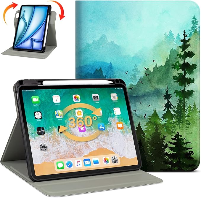 Lokigo Rotating Case for iPad Air 11“ M4/M3/M2 (2026/2025/2024) iPad Air 5th/4th Gen (2022/2020) 10.9” iPad Pro 11“ (4th/3rd/2nd/1st) 360 Degree Stand Cover with Pencil Holder Green Forest