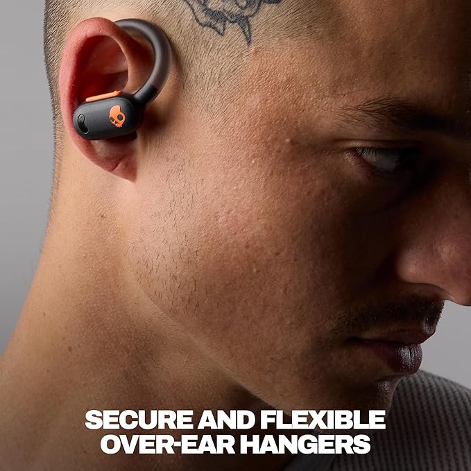 Skullcandy Push ANC Active Wireless Earbuds Bluetooth Headphones Noise Cancelling 58 Hours Battery Secure-Fit Over-Ear Hanger Sweat and Waterproof Microphone for iPhone Android - Black/Orange