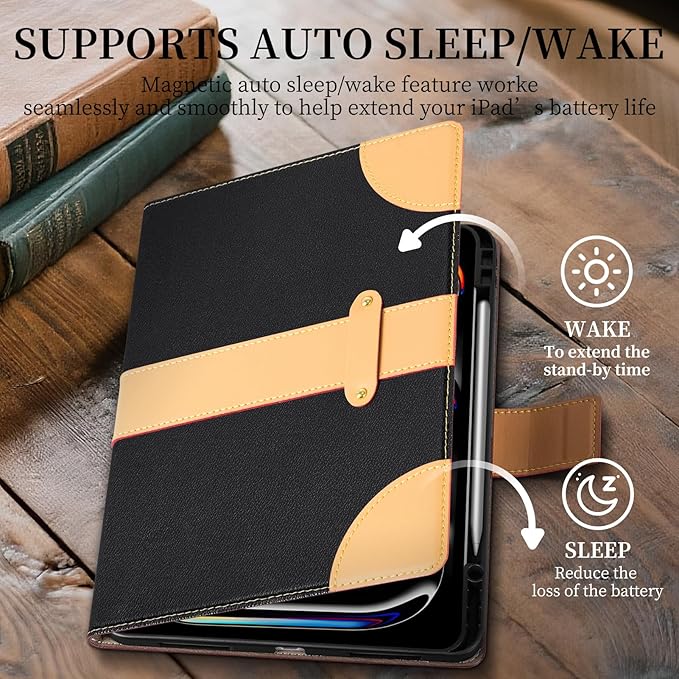 iPad Case for iPad mini 7th/6th Gen 8.3 inchLeather Folio Cover with Pencil HolderAuto Wake/Sleep Adjustable StandMagnetic Buckle Closure Protection Case-Single Strap Black